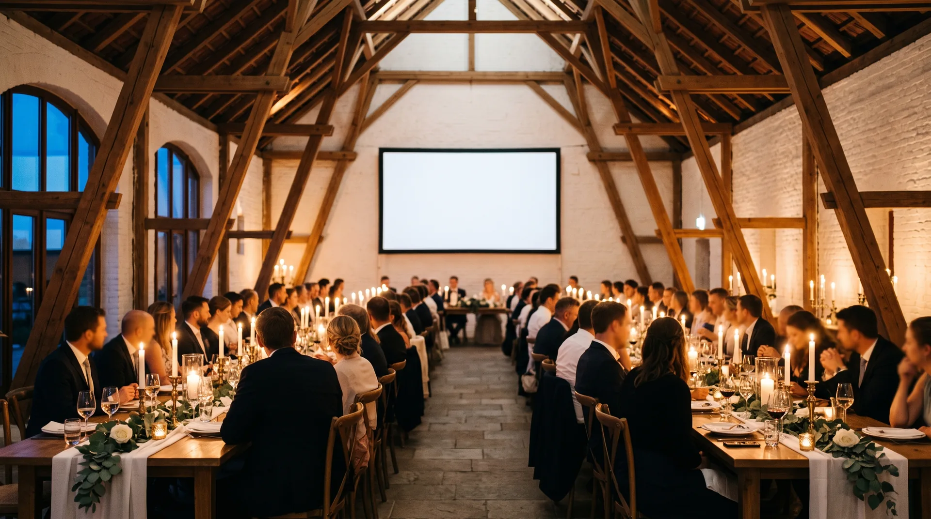 Scheune eines Gutshofs bei Kerzenlicht, lange Tafeln, am Ende eine Leinwand