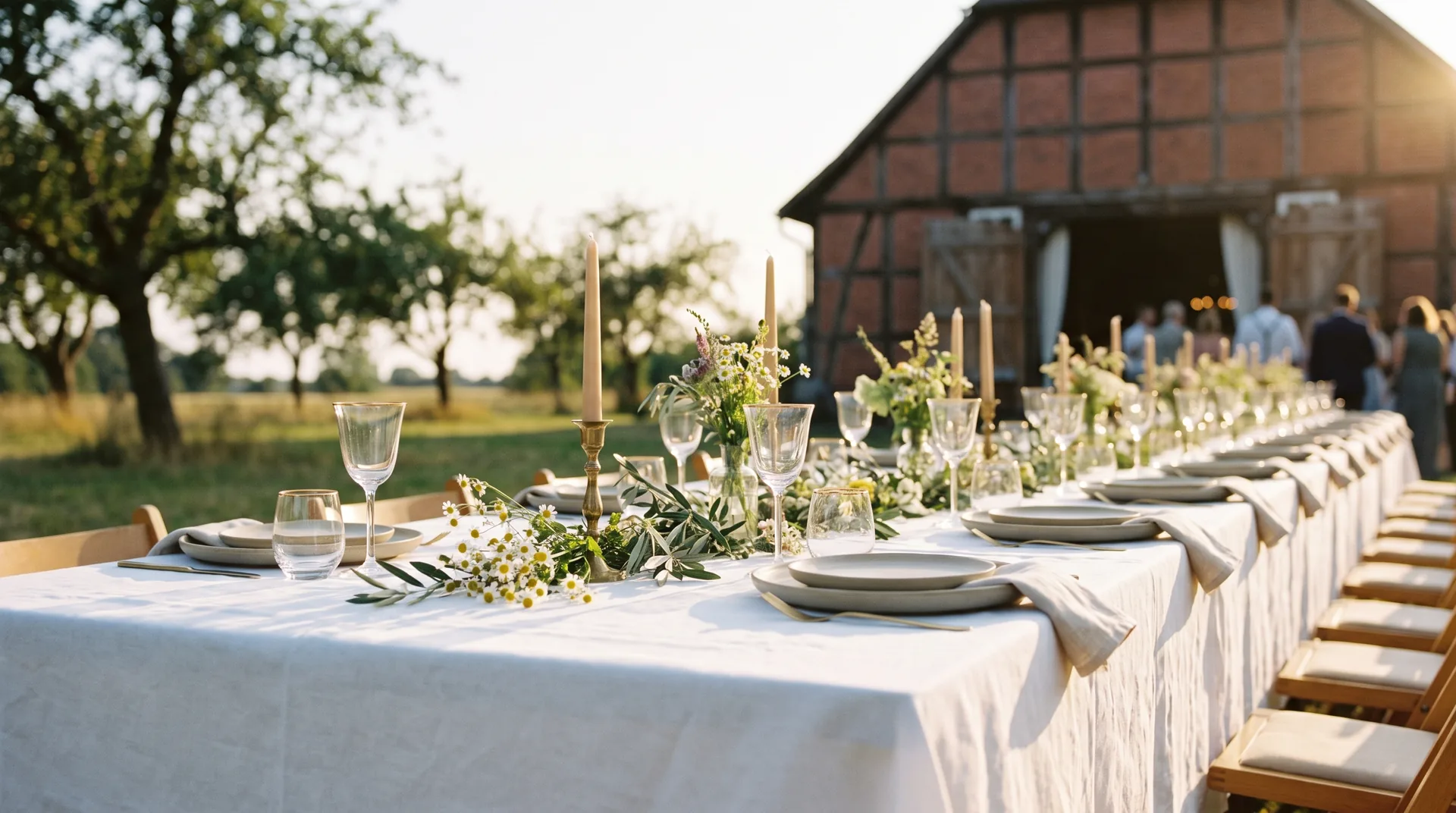 Lange Hochzeitstafel mit weißem Leinen im Obstgarten eines Gutshofs, Nachmittagssonne